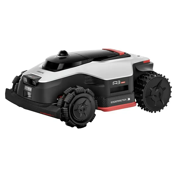 Dreame Mähroboter A3 AWD Pro 3500 - 3.500 m², Schnittbreite: 40 cm, Laser-gestützte Navigation, LiDAR - Weißer/schwarzer Robotermäher mit omnidirektionalen Vorderrädern, Stollen-Hinterrädern und Carbon-Elementen.