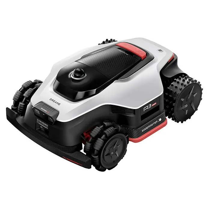 Dreame Mähroboter A3 AWD Pro 3500 - 3.500 m², Schnittbreite: 40 cm, Laser-gestützte Navigation, LiDAR - Weiß-schwarzer Rasenroboter mit roten Akzenten, großen Omni- und Stachelrädern und 'OmniSense 3.0' Sensoren.