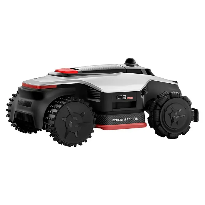 Dreame Mähroboter A3 AWD Pro 3500 - 3.500 m², Schnittbreite: 40 cm, Laser-gestützte Navigation, LiDAR - Schwarz-weißer Rasenroboter mit roten Akzenten und robusten Geländerädern. Mit „A3 AWD“ Beschriftung und Stopp-Taste.