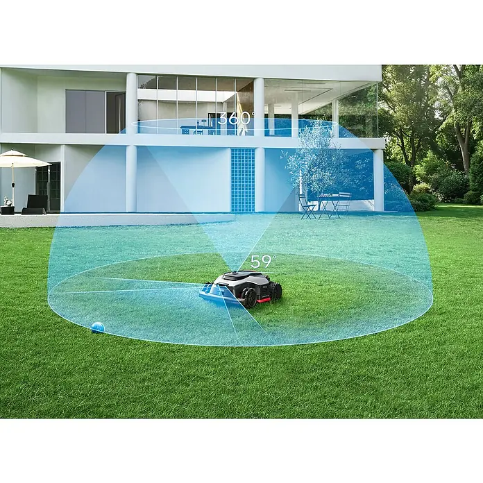 Dreame Mähroboter A3 AWD Pro 3500 - 3.500 m², Schnittbreite: 40 cm, Laser-gestützte Navigation, LiDAR - Ein schwarz-grauer Mähroboter auf Rasen vor einem Haus, zeigt seine 360°- und 59°-Erkennungsbereiche.