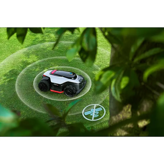 Dreame Mähroboter A3 AWD Pro 3500 - 3.500 m², Schnittbreite: 40 cm, Laser-gestützte Navigation, LiDAR - Grau-schwarzer Mähroboter mit roten Akzenten und blauem Licht mäht Rasen. Ein durchgestrichenes Satelliten-Symbol betont drahtlose, smarte Navigation.