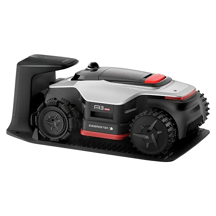 Dreame Mähroboter A3 AWD Pro 3500 - 3.500 m², Schnittbreite: 40 cm, Laser-gestützte Navigation, LiDAR - Schwarzer und weißer Mähroboter Dreame A3 AWD Edgemaster mit großen, multidirektionalen Rädern und rotem Stopp-Knopf, auf seiner Ladestation.