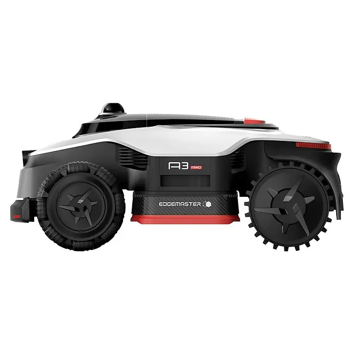 Dreame Mähroboter A3 AWD Pro 3500 - 3.500 m², Schnittbreite: 40 cm, Laser-gestützte Navigation, LiDAR - Eleganter schwarz-weißer Mähroboter mit roten Akzenten, großen Profilrädern und "A3 AWD EDGEMASTER" Schriftzug.