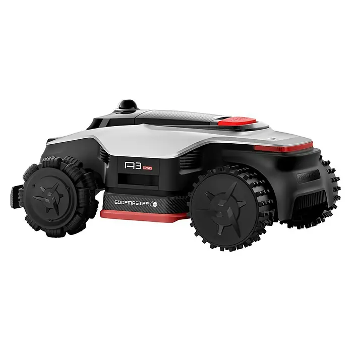 Dreame Mähroboter A3 AWD Pro 3500 - 3.500 m², Schnittbreite: 40 cm, Laser-gestützte Navigation, LiDAR - Weiß-schwarzer EDGEMASTER A3 RWD Mähroboter mit robusten Rädern, rotem Stopp-Knopf und Carbon-Details.