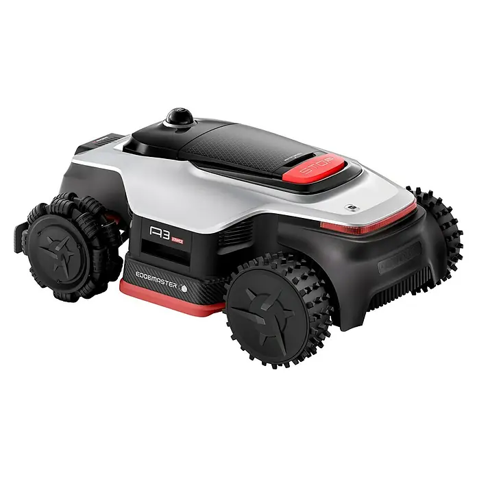 Dreame Mähroboter A3 AWD Pro 3500 - 3.500 m², Schnittbreite: 40 cm, Laser-gestützte Navigation, LiDAR - Ein moderner weiß-schwarzer Mähroboter mit rotem STOP-Knopf, Kohlefaserbesatz und robusten Stollenrädern für jedes Gelände.