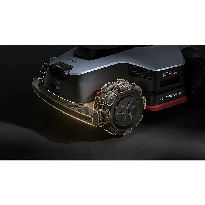 Dreame Mähroboter A3 AWD Pro 3500 - 3.500 m², Schnittbreite: 40 cm, Laser-gestützte Navigation, LiDAR - Vorderansicht eines dunkelgrauen Mähroboters mit silbernem Oberteil, omnidirektionalen Rädern und leuchtender Carbon-Verkleidung.