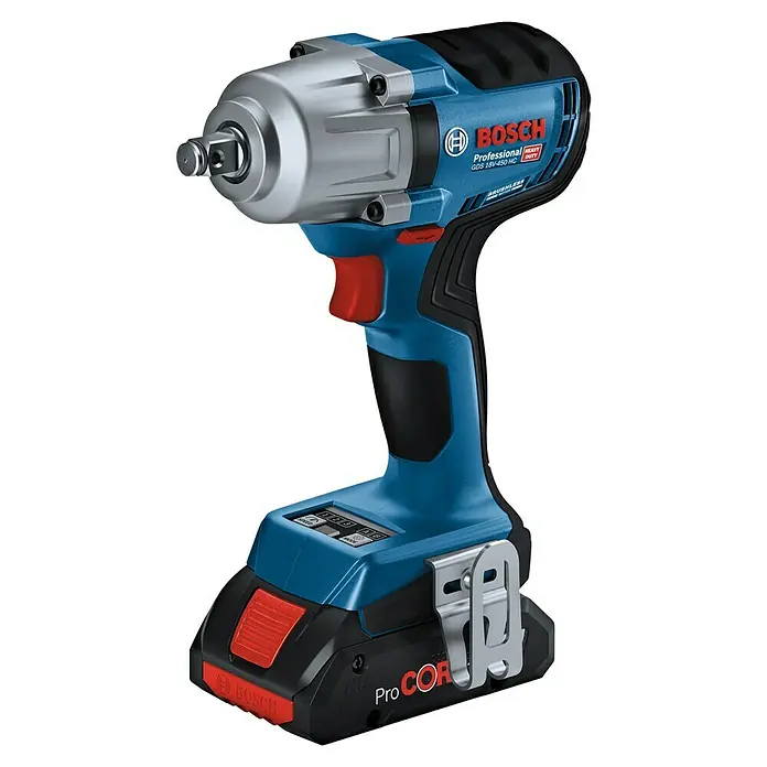 Bosch Professional AMPShare 18V Akku-Drehschlagschrauber GDS 18V-450 HC - 18 V, 2 Akkus, 4 Ah, 450 Nm, 2 Akkus, L-Boxx, Bluetooth-Modul - Blauer und schwarzer Bosch Akku-Schlagschrauber mit rotem Abzug und silbernem Metallkopf, angetrieben von einem ProCORE Akku.