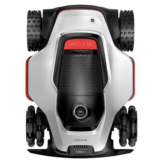 Dreame Mähroboter A3 AWD Pro 3500 - 3.500 m², Schnittbreite: 40 cm, Laser-gestützte Navigation, LiDAR - Ansicht eines weiß-schwarzen Mähroboters von oben mit robusten Hinterrädern und wendigen Vorderrädern. Ein roter STOP-Knopf ist sichtbar.