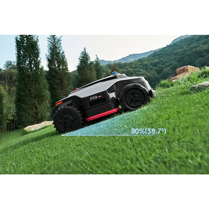 Dreame Mähroboter A3 AWD Pro 3500 - 3.500 m², Schnittbreite: 40 cm, Laser-gestützte Navigation, LiDAR - Grauer und schwarzer Mähroboter mit roten Akzenten, der einen steilen Grashang erklimmt und seine 80% (38,7°) Steigfähigkeit zeigt.
