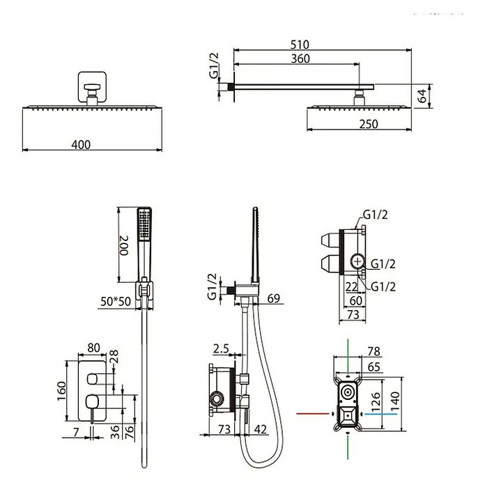 Camargue Bolonia Conjunto de ducha empotrado - Número de tipos de chorro: 1 ud., Negro - Dibujos técnicos de un sistema de ducha moderno, incluyendo cabezal de ducha, ducha de mano y mezclador con dimensiones y conexiones G1/2.