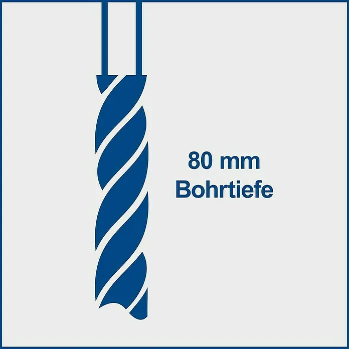 Scheppach Tischbohrmaschine TBM300 Vario - 750 W, Leerlaufdrehzahl: 1.450 U/min, Spannweite Bohrfutter: 16 mm - Blauer Bohrer mit Angabe von 80 mm Bohrtiefe.