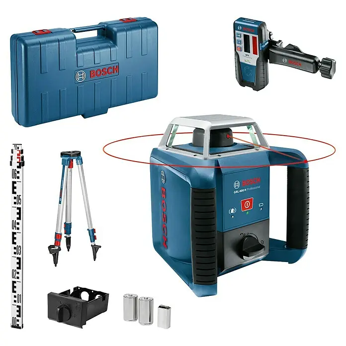 Bosch Professional Rotationslaser GRL 400 H PRO SET - Max. Arbeitsbereich mit Empfänger: 400 m, Mit Batterien - Bosch GRL 400 H Professional Rotationslaser-Set in Blau und Schwarz mit Empfänger, Stativ, Nivellierlatte und Koffer.