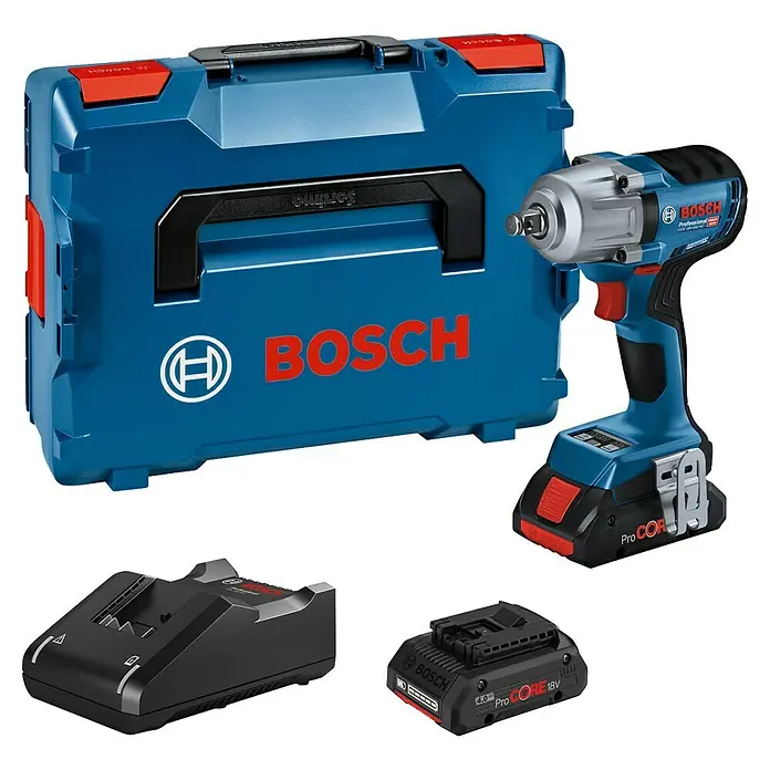 Bosch Professional AMPShare 18V Akku-Drehschlagschrauber GDS 18V-450 HC - 18 V, 2 Akkus, 4 Ah, 450 Nm, 2 Akkus, L-Boxx, Bluetooth-Modul - Bosch Professional Akku-Schlagschrauber-Set: blaue L-Boxx, GDS 18V-450 Schrauber, Ladegerät und 18V ProCORE Akku.