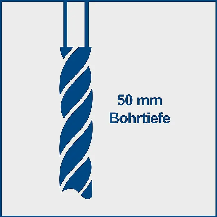 Scheppach Tischbohrmaschine TBM250 - 550 W, Leerlaufdrehzahl: 510 U/min - 2.430 U/min, Spannweite Bohrfutter: 1,5 mm - 13 mm - Blauer Bohrer neben dem Text „50 mm Bohrtiefe“.