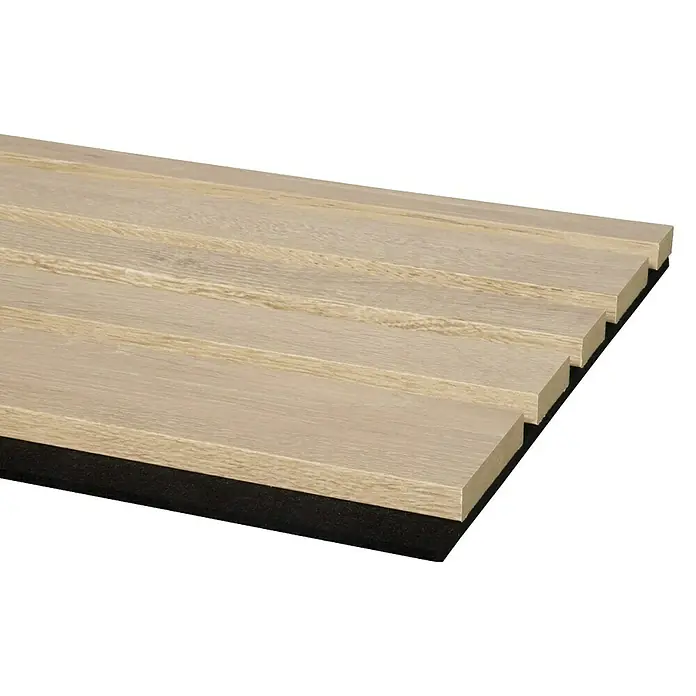 CanDo Akustikpaneel Blend - Eiche Natur, 2.600 x 300 x 17 mm, 2 Stk. - Akustikpaneel aus hellem Holz mit horizontalen Lamellen auf schwarzem Filz.