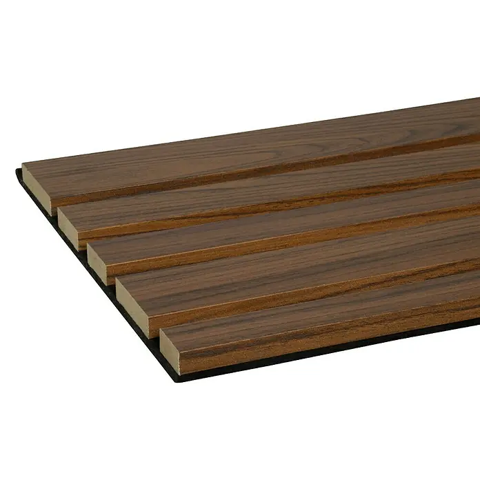 CanDo Akustikpaneel Blend - Walnuss, 2.600 x 300 x 17 mm, 2 Stk. - Dunkelbraunes Holzlamellenpaneel mit helleren Kanten auf schwarzer Filzunterlage.