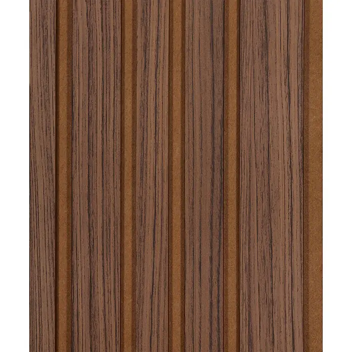 CanDo Akustikpaneel Blend - Walnuss Uni, 2.600 x 300 x 17 mm, 2 Stk. - Braune gerippte Wandverkleidung mit vertikalen Holzmaserungsstreifen und strukturierten braunen Rillen.
