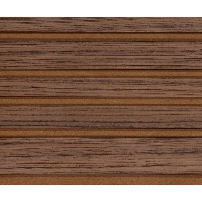 CanDo Akustikpaneel Blend - Walnuss Uni, 2.600 x 300 x 17 mm, 2 Stk. - Dunkelbraune Holzmaserungsleisten wechseln sich mit hellbraunen Faserplatten ab, bilden ein strukturiertes Rollo.