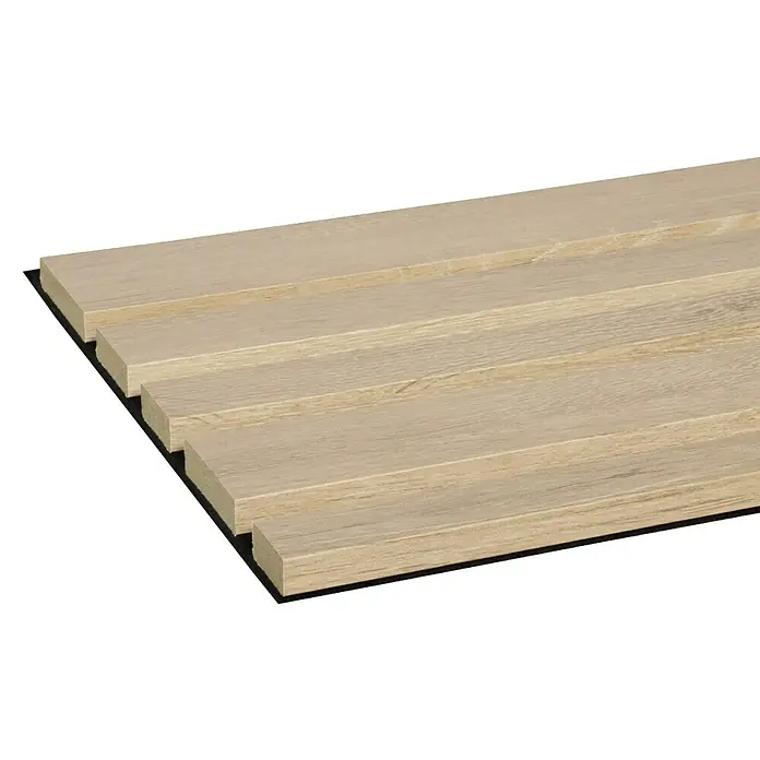 CanDo Akustikpaneel Blend - Eiche Natur, 2.600 x 300 x 17 mm, 2 Stk. - Helles Akustikpaneel in Holzoptik mit parallelen Lamellen auf schwarzem Filzträger.