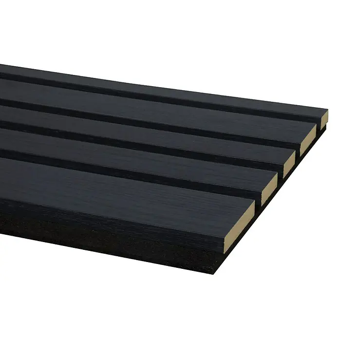 CanDo Akustikpaneel Blend - Eiche Lava, 2.600 x 300 x 17 mm, 2 Stk. - Schwarze Akustikplatte mit Holzlamellen, sichtbarer Maserung, hellbraunen Kanten und dunkler Filzunterlage.