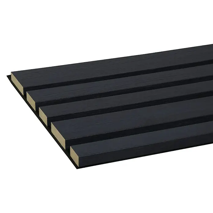 CanDo Akustikpaneel Blend - Eiche Lava, 2.600 x 300 x 17 mm, 2 Stk. - Dunkelgraues Lamellenpaneel mit Holzmaserung, beigem Kern und schwarzer Rückseite.