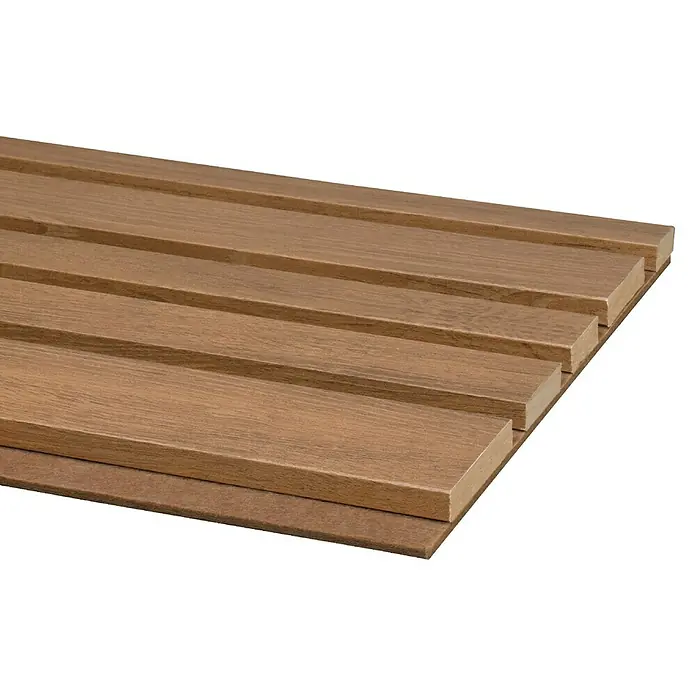 CanDo Akustikpaneel Blend - Eiche Rustikal Uni, 2.600 x 300 x 17 mm, 2 Stk. - Braune Wandpaneele mit Holzoptik und mehreren horizontalen Rillen.