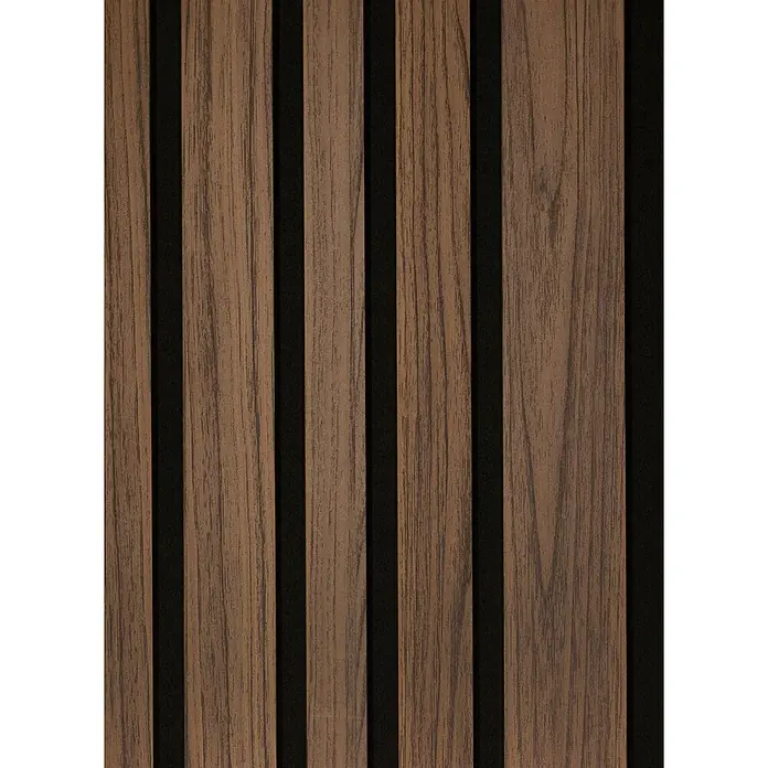 CanDo Akustikpaneel Blend - Walnuss, 2.600 x 300 x 17 mm, 2 Stk. - Braune Holzlatten-Akustikpaneele mit dunklem Filzhintergrund.