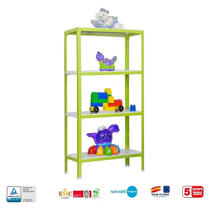 Simonrack Simonhome Estantería metálica Homeclick Color Mini - Al x An x Pr: 160 x 80 x 40 cm, Capacidad de carga por balda: 150 kg, Número de baldas: 4 ud., Inserción, Verde - La estantería infantil de 4 baldas ofrece mucho espacio para juguetes y libros. La estantería es robusta, duradera y fácil de montar.