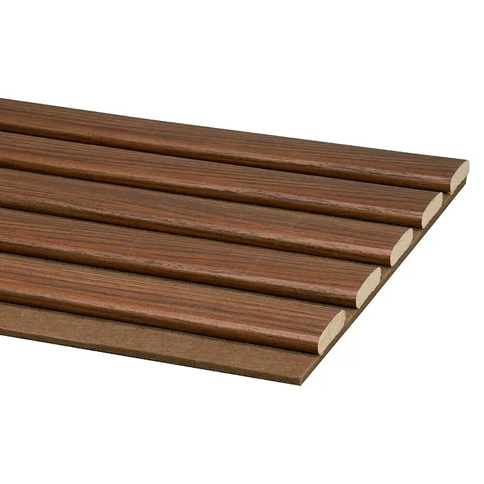 CanDo Akustikpaneel Ellips - Walnuss Uni, 2.600 x 300 x 17 mm, 2 Stk. - Braune Holzmaserung-Dekorplatte mit abgerundeten Lamellen auf Kompositbasis.