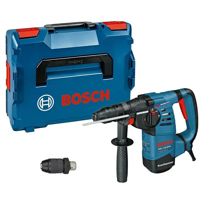 Bosch Professional Bohrhammer GBH 3-28 DFR - 800 W, 3,1 J, SDS-Plus-Aufnahme, Inkl. L-Boxx - Blauer Bosch GBH 3-28 DFR Bohrhammer mit blauem Koffer und SDS-Bohrfutter.