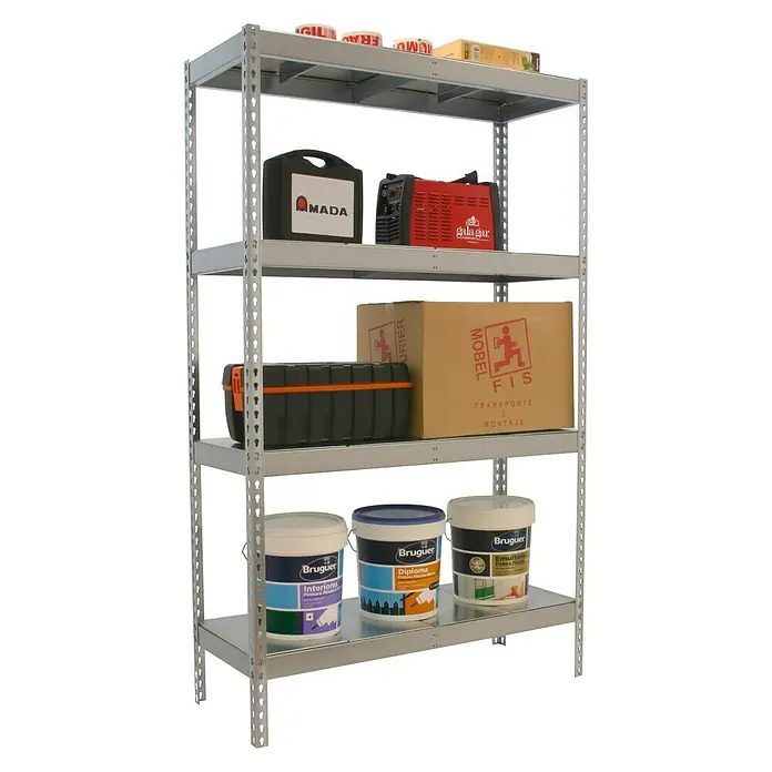 Simonrack Simonforte Schwerlastregal Simonforte Metall - H x B x T: 200 x 150 x 60 cm, Traglast pro Boden: 600 kg, Anzahl Böden: 4 Stk., Stecken, Silber/Silber - Regal mit vier Ablagen, beladen mit Farbbehältern, Werkzeugkiste, Karton und Elektrowerkzeugen für Lagerung und Organisation.