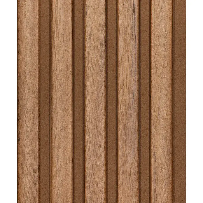 CanDo Akustikpaneel Ellips - Eiche Rustikal Uni, 2.600 x 300 x 17 mm, 2 Stk. - Vertikale braune Holzverkleidung mit ausgeprägter Maserung und Rillen.