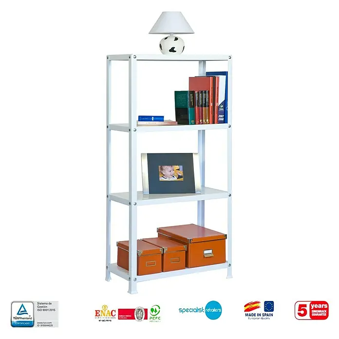 Simonrack Simonhome Estantería metálica Homeclassic Plus - Al x An x Pr: 160 x 100 x 30 cm, Capacidad de carga por balda: 100 kg, Número de baldas: 4 ud., Atornillado, Blanco - Una estantería blanca de cuatro niveles que muestra libros, una lámpara, un marco de fotos y cajas de almacenamiento.