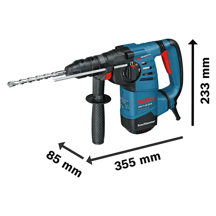 Bosch Professional Bohrhammer GBH 3-28 DFR - 800 W, 3,1 J, SDS-Plus-Aufnahme, Inkl. L-Boxx - Blauer und schwarzer Bosch GBH 3-28 DFR Professional Bohrhammer mit roten Akzenten, Bohrer und Tiefenanschlag.