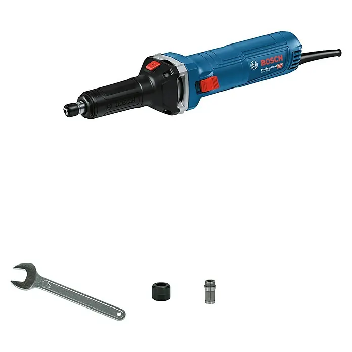 Bosch Professional Geradschleifer GGS 30 LS - 750 W, Leerlaufdrehzahl: 7.000 U/min - 33.000 U/min - Blauer und schwarzer Bosch Professional Geradschleifer mit silbernem Schraubenschlüssel, schwarzer Spannmutter und Spannzange.