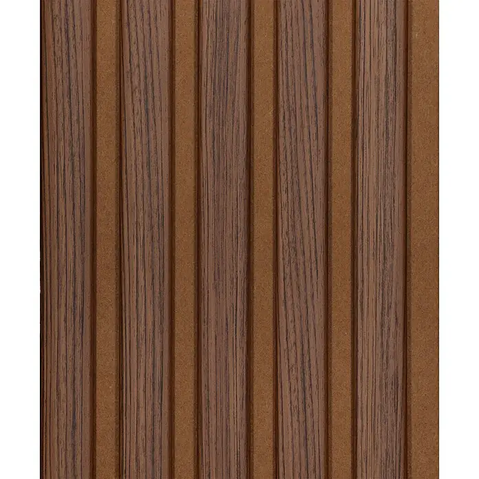 CanDo Akustikpaneel Ellips - Walnuss Uni, 2.600 x 300 x 17 mm, 2 Stk. - Braune WPC-Paneele mit abwechselnder Holzmaserung und Faserstruktur.
