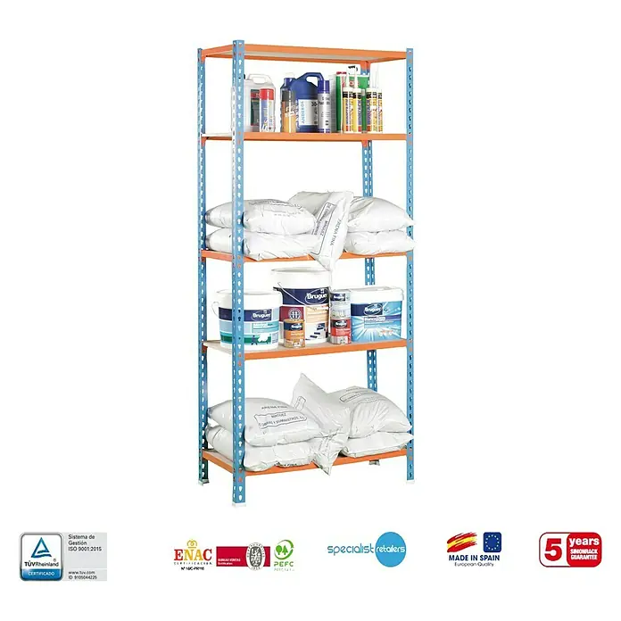 Simonrack Maderclick Estantería metálica Mini - Al x An x Pr: 180 x 80 x 40 cm, Capacidad de carga por balda: 150 kg, Número de baldas: 5 ud., Inserción, Azul/Naranja - Imagen de una estantería naranja y azul con cinco estantes llenos de recipientes de pintura, selladores y sacos de materiales de construcción.