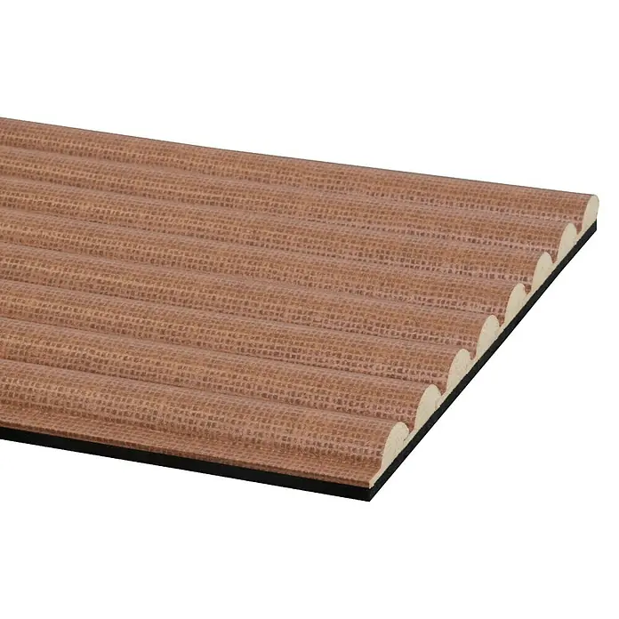 CanDo Akustikpaneel Curve - Terra, 2.600 x 300 x 19 mm, 2 Stk. - Braune Wellenplatte mit feiner Gittertextur, schwarzer Unterschicht und wellenförmigen hellbeigen Kanten.