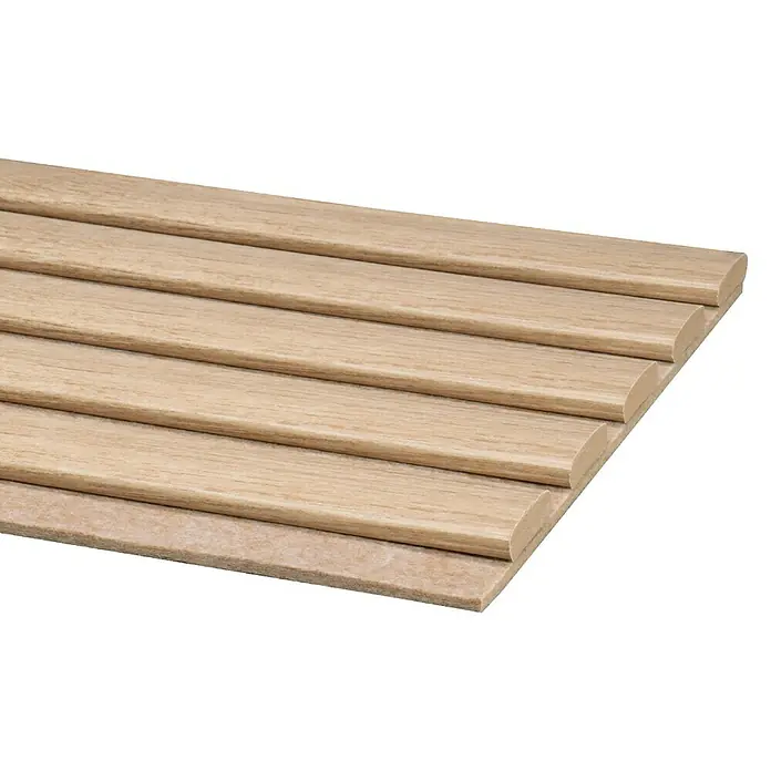CanDo Akustikpaneel Ellips - Eiche Natur Uni, 2.600 x 300 x 17 mm, 2 Stk. - Dekoratives Holzpaneel mit hellbraunen, abgerundeten Lamellen auf beigem Untergrund.
