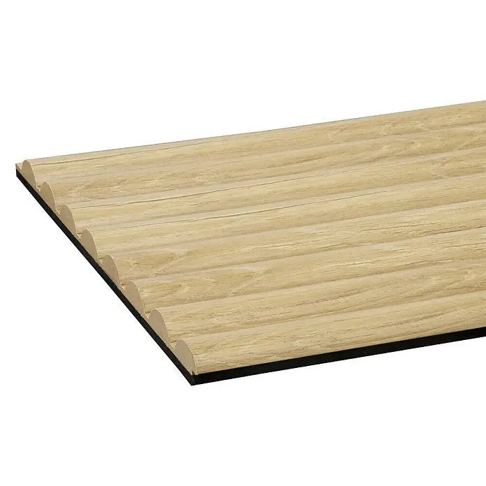 CanDo Akustikpaneel Curve - Eiche Natur Uni, 2.600 x 300 x 19 mm, 2 Stk. - Gerippte Platte in heller Holzoptik mit halbrunden Profilen und dunkler Basis, für dekorative Wandverkleidung.