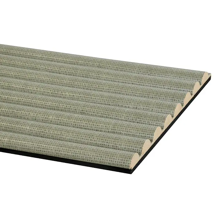 CanDo Akustikpaneel Curve - Sage, 2.600 x 300 x 19 mm, 2 Stk. - Hellgraue, strukturierte Akustikplatte mit Wellenprofil und dunkler Basisschicht.