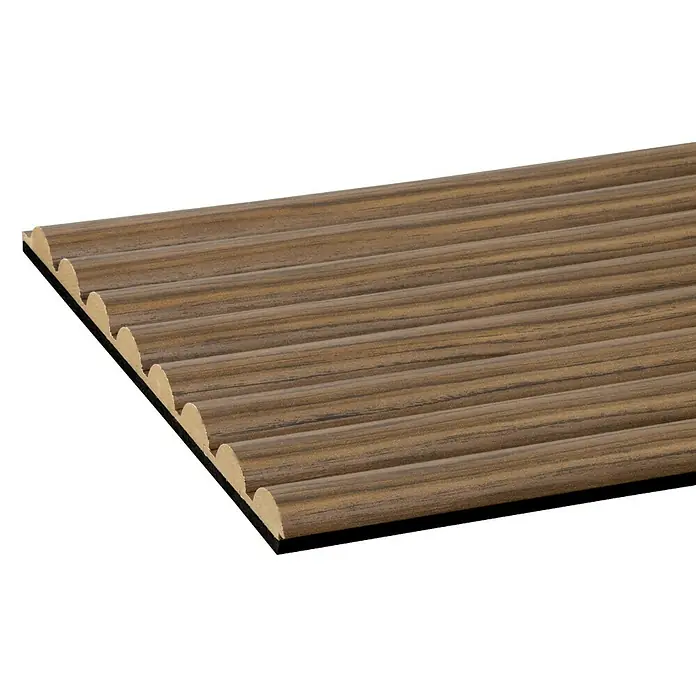 CanDo Akustikpaneel Curve - Walnuss Uni, 2.600 x 300 x 19 mm, 2 Stk. - Braunes geriffeltes Holzpaneel mit dunkler Holzmaserung, das seine profilierte Oberfläche und schwarze Rückseite zeigt.