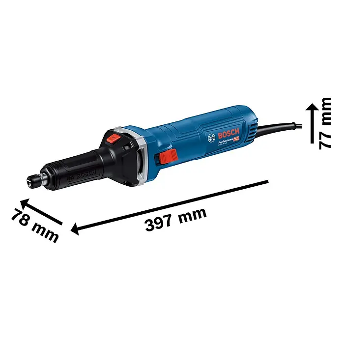 Bosch Professional Geradschleifer GGS 30 LS - 750 W, Leerlaufdrehzahl: 7.000 U/min - 33.000 U/min - Blaue und schwarze Bosch GGS 30 LS Profi-Geradschleifer, 397 mm lang, 78 mm breit, 77 mm hoch.