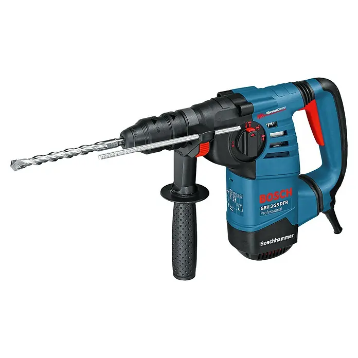 Bosch Professional Bohrhammer GBH 3-28 DFR - 800 W, 3,1 J, SDS-Plus-Aufnahme, Inkl. L-Boxx - Blauer und schwarzer Bosch Bohrhammer mit silbernem SDS Bohrer, ausgestattet mit VibrationControl und einem Zusatzgriff mit Tiefenanschlag.