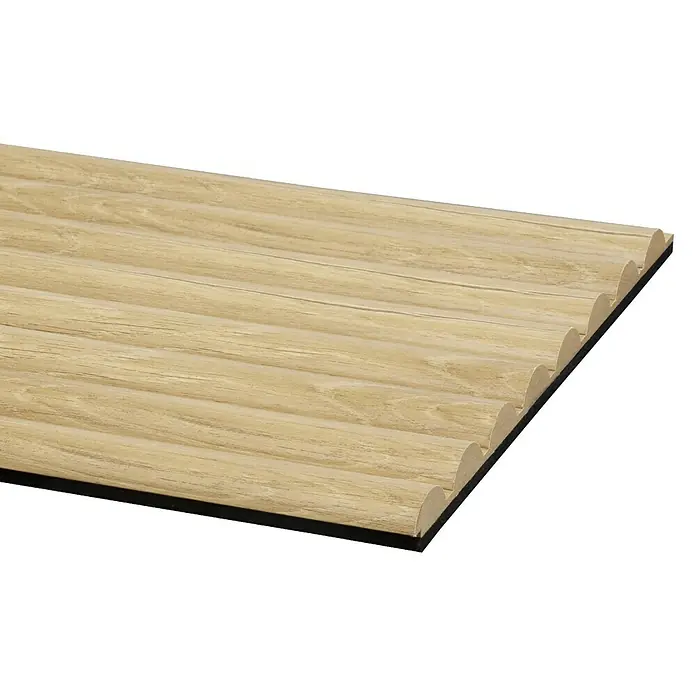 CanDo Akustikpaneel Curve - Eiche Natur Uni, 2.600 x 300 x 19 mm, 2 Stk. - Helle Holzlamellenplatte mit abgerundeten Rillen und schwarzer Rückseite, mit Holzmaserung.