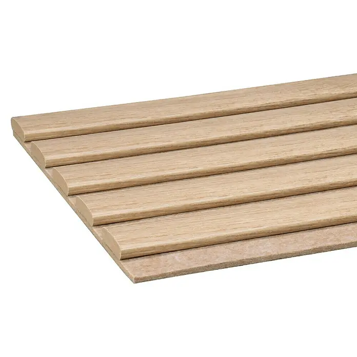 CanDo Akustikpaneel Ellips - Eiche Natur Uni, 2.600 x 300 x 17 mm, 2 Stk. - Hellbraune Holzlamellenplatte mit abgerundeten Kanten.