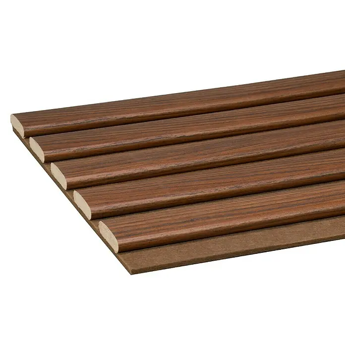 CanDo Akustikpaneel Ellips - Walnuss Uni, 2.600 x 300 x 17 mm, 2 Stk. - Dunkelbraune Lamellenplatte mit abgerundeten Holzmaserungsstreifen und hellerem Rücken.