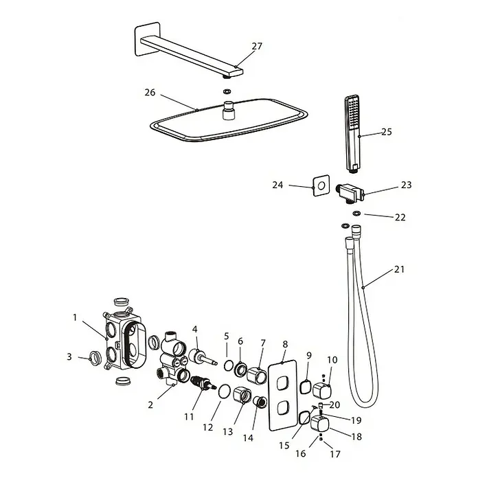 Camargue Bolonia Sistema de ducha empotrado - Con grifo termostático, Black gun, Latón - Diagrama de despiece de un sistema de ducha de pared con cabezal de lluvia, ducha de mano y componentes del mezclador.