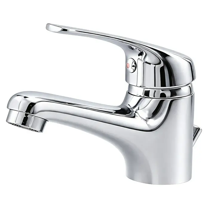 Rousseau Memphis Grifo de lavabo - Cromo, Resplandeciente - Grifo monomando de cromo pulido con caño y maneta curvos, con indicador de temperatura.