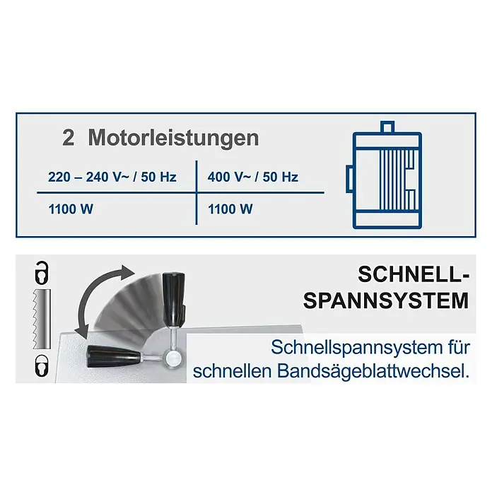 Scheppach Bandsäge Basa 3.0 v - 700 W, Durchlasshöhe: 205 mm, Durchlassbreite: 306 mm - Technische Daten zur Motorleistung (220-240V/400V, 1100W) und ein Schnellspannsystem für schnellen Bandsägeblattwechsel.